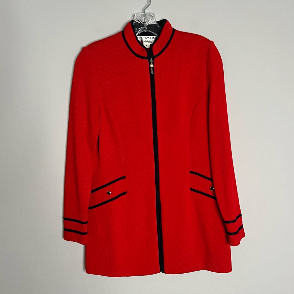 St John Collection Santana Knit Long Sleeve Red Black Zip Women's 4